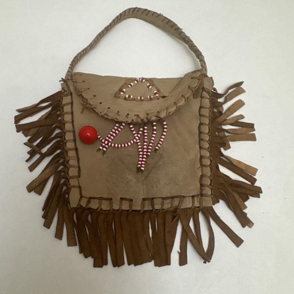 Native American Suede Leather Pouch Little Girl/Doll Hand Made Beaded VTG 80'S